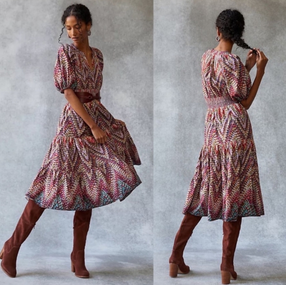 Anthropologie Joyce Puff Sleeve Tiered Midi Dress 10 - Picture 1 of 16